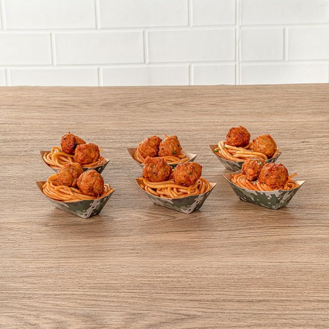 Restaurantware-Bio Tek 2 Ounce Food Trays, 50 Disposable Paper Food Trays - Heavy-Duty, Greaseproof, Camouflage Paper Food Boats, for Snacks, Appetizers, Or Treats, Use At Parties Or Carnivals - Image 3