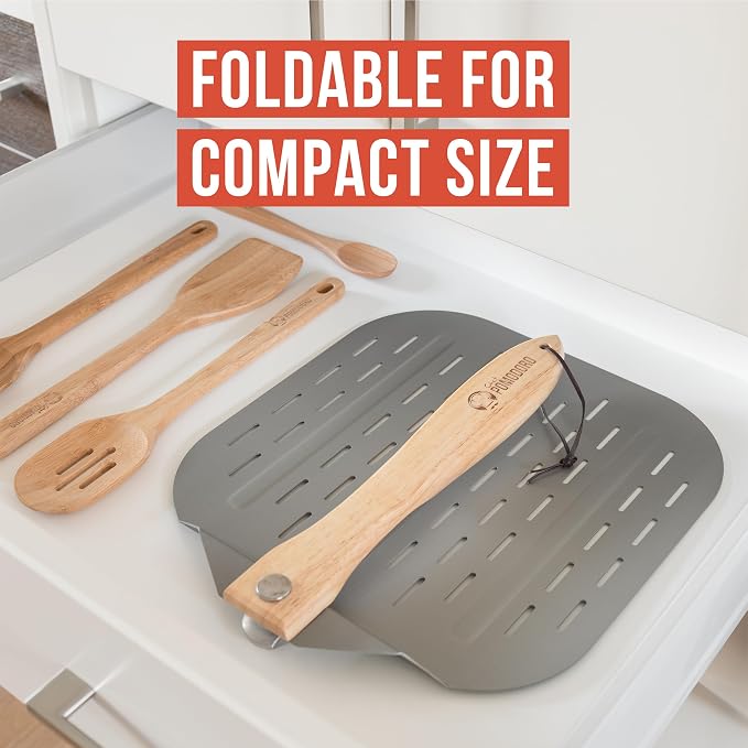 Chef Pomodoro Perforated Aluminum Pizza Peel 12x14 in Foldable Wood Handle | Metal Pizza Peel with Holes for Easy Release, Folds Flat for Storage, Great for Homemade Pizza & Artisan Bread - Image 6