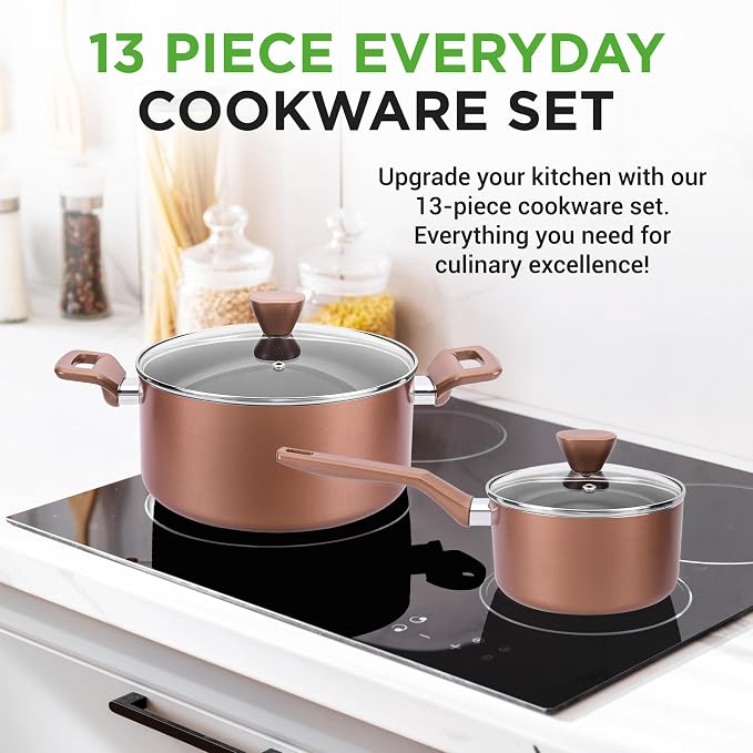 NutriChef 13 Pcs. Nonstick Kitchen Cookware PFOA/PFOS-Free Heat Resistant Kitchenware Set w/Saucepan, Frying Pans, Cooking Pots, Casserole, Lids, & Utensils, Brown, NCCWA13BR - Image 2