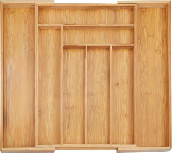 Relaxdays Cutlery Tray, Extendable, 8 Compartments, 5 x 32.5-52 x 45.5 cm, Kitchen Drawer Insert, Bamboo, Natural by Relaxdays