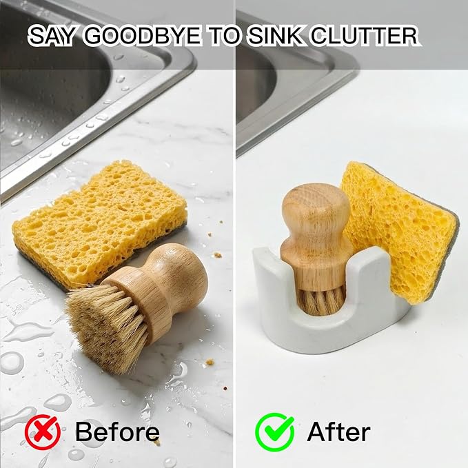 White Marble Sponge Holder for Kitchen Sink, 2-in-1 Sponge & Brush Holder with Raised Edge, 2 Slot Natural Stone Sink Caddy for Countertop, Keeps Countertops Dry, Non-Slip Base, Modern Kitchen Decor - Image 5