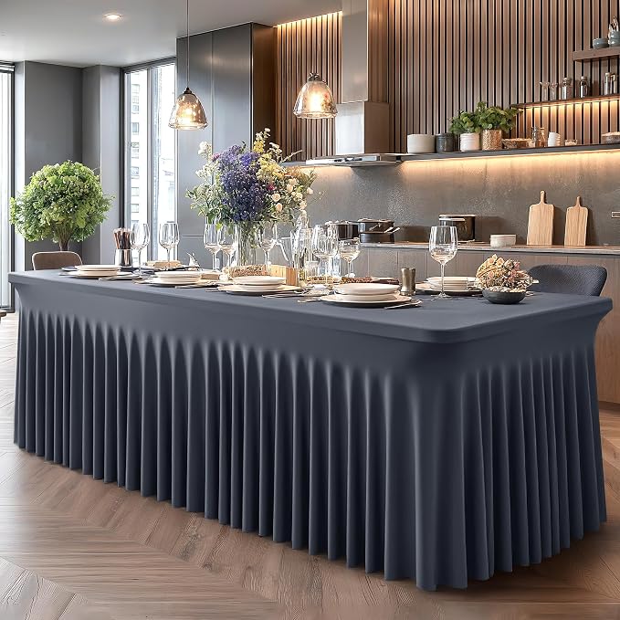 Wish Care 6 Pack Gray Spandex Table Clothes for 8 Foot Rectangle Tables, 8FT Wrinkle Free Fitted Tablecloths Ruffles Design Table Cover for Party, Banquet, Wedding and Events - Image 6