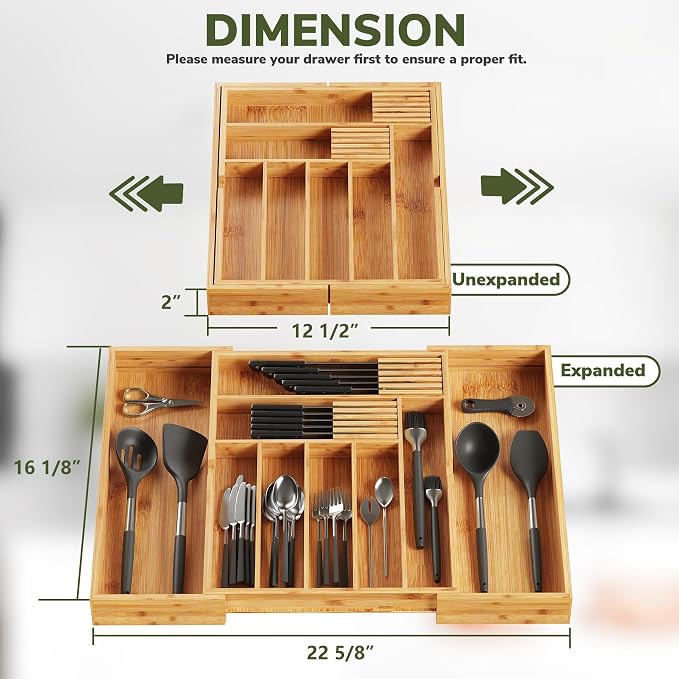 BAMEOS Bamboo Drawer Organizer Expandable Kitchen Silverware Organizer with 7-9 Deep Compartments, Bamboo Reinforced Cutlery Tray, Adjustable Utensil Holder for Kitchen(16.1"-22.4" Wide, Natural) - Image 4