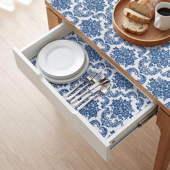 RAY STAR 12" x 10 Ft Shelf Liner for Kitchen Cabinets, Non-Adhesive Cabinet Liner Washable, Drawer Liner for Dresser Non-Slip Bathroom [Blue Damask] - Image 7
