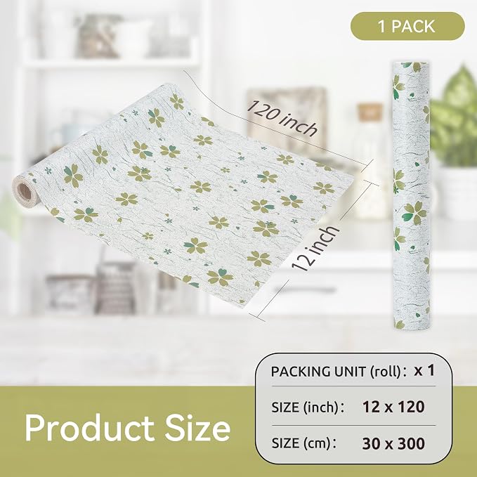 FIFTY FEET 12"x120" Non-Adhesive Shelf Liner for Kitchen Cabinets and Drawers, Washable Non-Slip PVC Cabinet Liner (Green Floral)(1 Roll) - Image 5