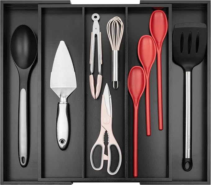 Purawood Kitchen Drawer Organizer - Expandable Utensil Organizer for Kitchen, Cutlery Tray & Silverware Organizer, 3-5 Slots - Bamboo Drawer Organizer for Utensils & Flatware (Black) by PURAWOOD