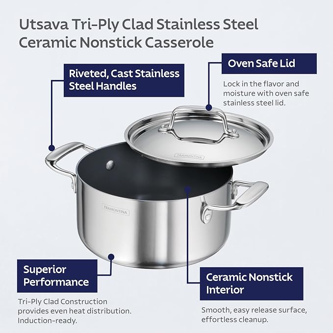 Tramontina Utsava Tri-Ply Clad Stainless Steel 5-Quart Casserole with Lid - Image 3