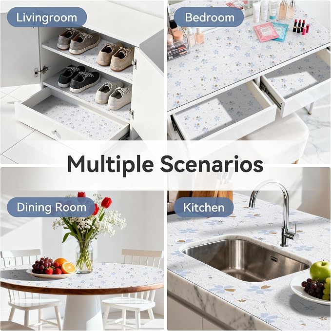 FIFTY FEET 12"x120" Non-Adhesive Shelf Liner for Kitchen Cabinets and Drawers, Washable Non-Slip PVC Cabinet Liner (White Floral)(2 Roll) - Image 9