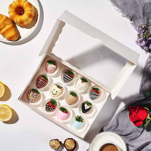 50PCS 10 x 7 x 2.5 inches One Piece White Bakery Boxes, Strawberry Boxes, Elegant White Cookie Boxes with Display Window - Image 3