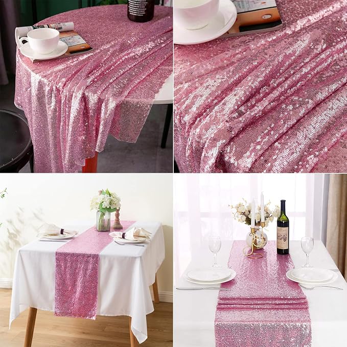 Rose Pink Sequin Table Runner 12 Pack 12''x108 Glitter Table Runner - Image 5