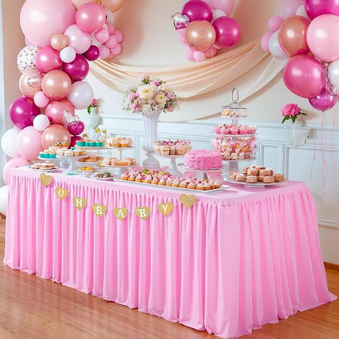 Wish Care Pink Polyester Table Clothes for 4 Foot Rectangle Tables, Wrinkle Free Fitted Table Cover with Pleated Ruffle Table Skirt for Birthday Party Wedding Trade Show Event Display - Image 6