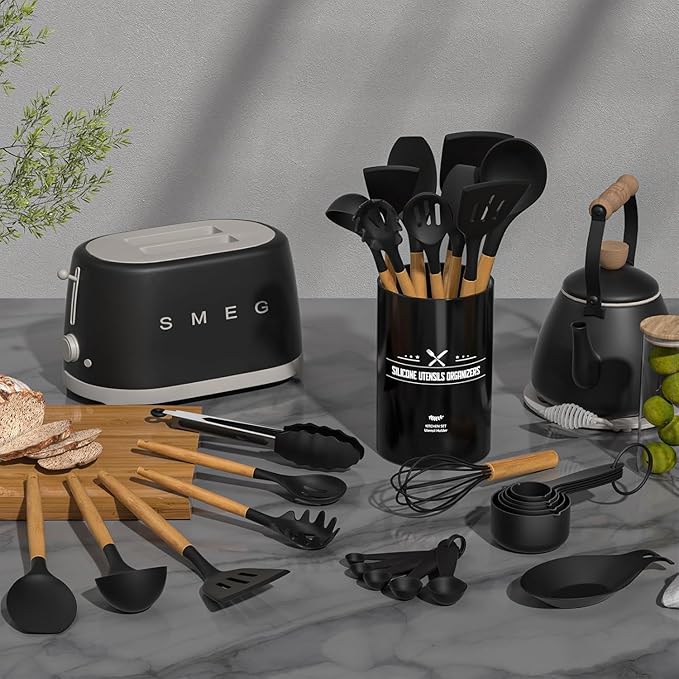 Kitchen Utensils Set- 34PCS Silicone Cooking Utensil with Holder, Umite Chef Heat Resistant Kitchen Spatula Set for Nonstick Cookware, Black Wooden Handles Kitchen Gadgets Tools Set - Image 2
