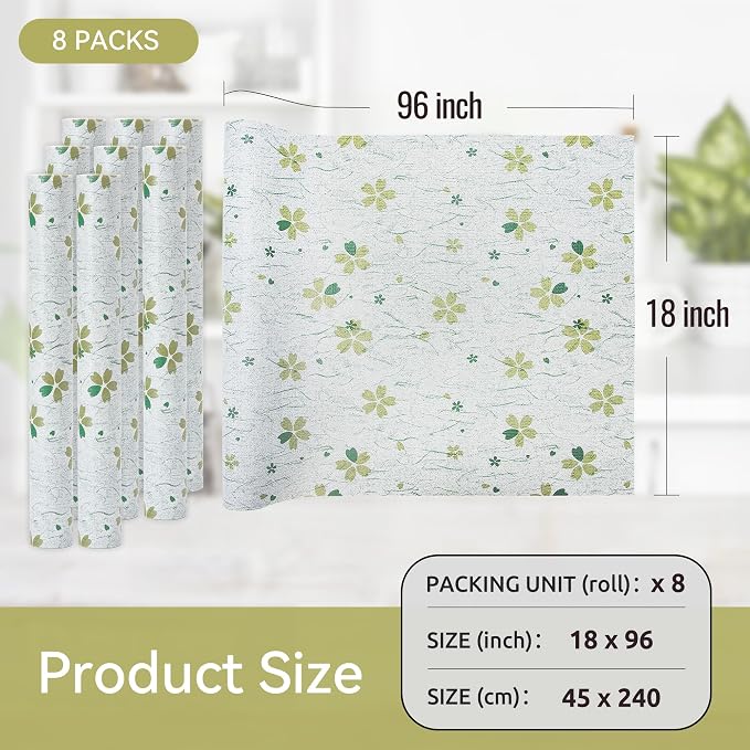 FIFTY FEET 12"x120" Non-Adhesive Shelf Liner for Kitchen Cabinets and Drawers, Washable Non-Slip PVC Cabinet Liner (Green Floral)(8 Roll) - Image 5