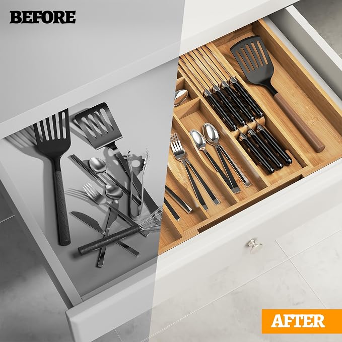 Bamboo Silverware Drawer Organizer, 6-8 Slots Kitchen Drawer Tray | 13"-21.69" Expandable, Utensil Holder & Cutlery Tray with Removable Knife Block, Hold 7 Knives, 2.36" Deep for Extra Capacity - Image 7