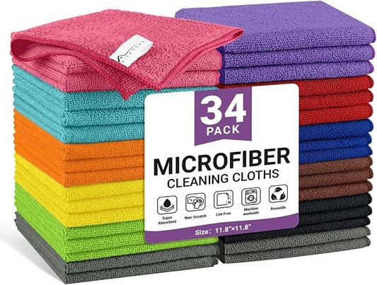 34 Pack Microfiber Cleaning Cloth, 11 Assorted Colors Cleaning Rags for Housekeeping, Colorful Reusable Microfiber Towels for Car, Kitchen, Bathroom and Household Cleaning Supplies, 11.8"X11.8" by Unknown