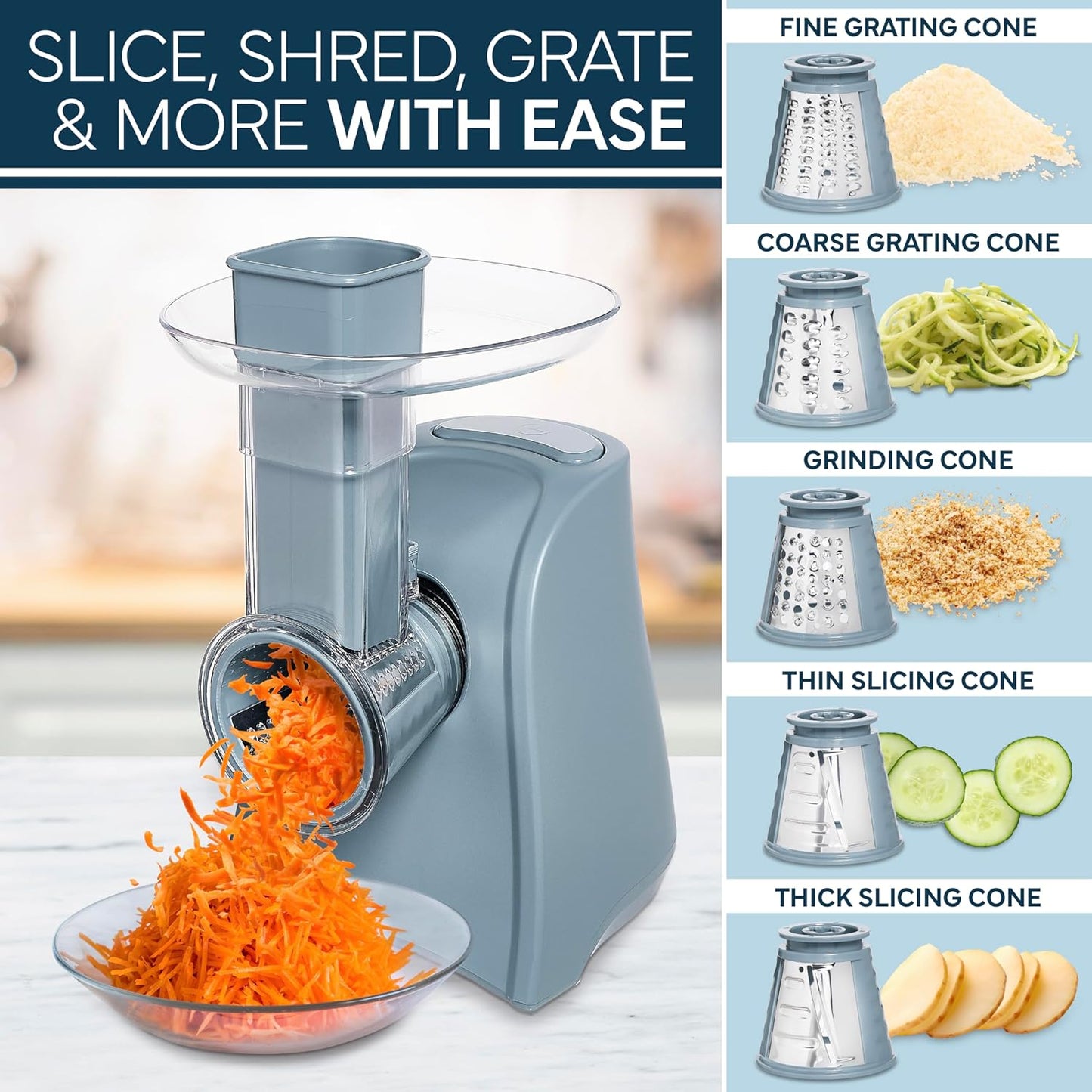 COOK WITH COLOR 5-in-1 Electric Slicer, 150W Food Prep Machine – Parmesan Shredder, Fine & Coarse Graters, Potato Grater, Vegetable Slicer, Compact Design for Bowl Prep, Blue/Grey