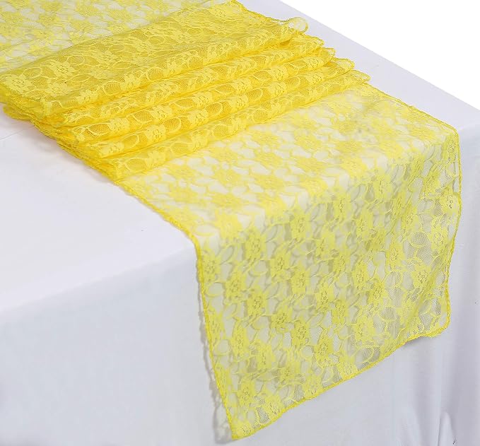VDS Pack of 25 Floral Lace Table Runners Centerpiece Cloth Linen for Wedding Bithday Graduation Engagement Ceremony Events Party Banquets Table Decoration (12x108 inch) (Yellow) by VDS