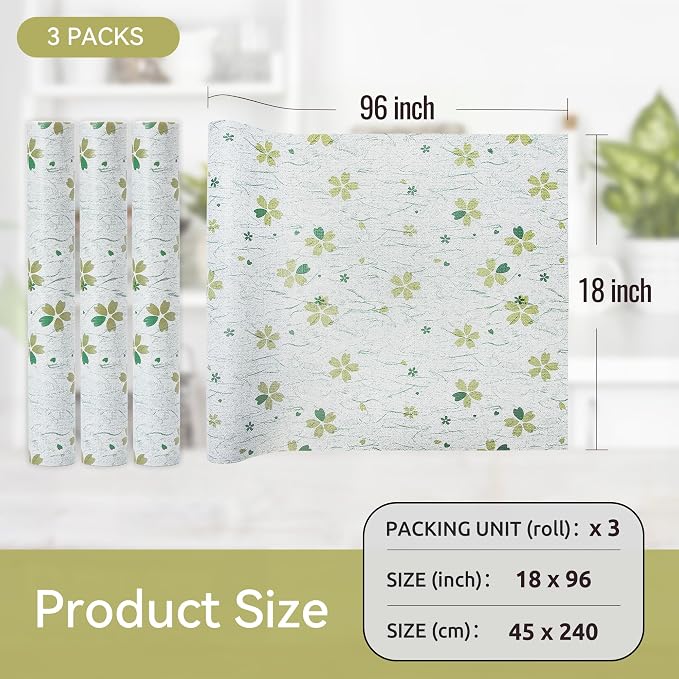FIFTY FEET 12"x120" Non-Adhesive Shelf Liner for Kitchen Cabinets and Drawers, Washable Non-Slip PVC Cabinet Liner (Green Floral)(3 Roll) - Image 5