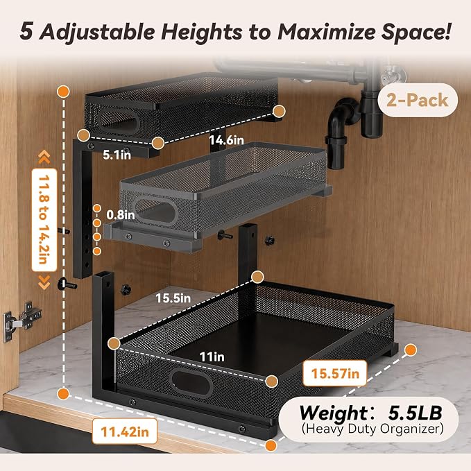 3-Tier Under Sink Organizer 2-Pack Organization for Bathroom Kitchen,Black - Image 6