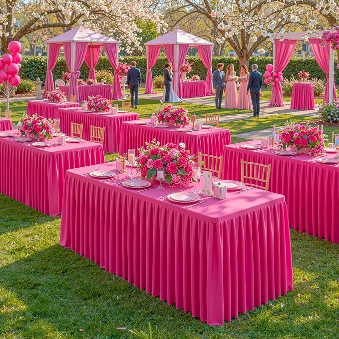 Red Polyester Table Cloths for Rectangle 6 Foot Tables, 2 Pack Wrinkle Free Tablecloths Stretchy Banquet Ruffle Fitted Table Cover Desk Skirt for Parties Wedding Birthday Baby Shower - Image 3