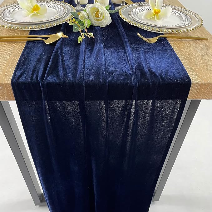 Luxurious Velvet Table Runner, 10ft Wedding Reception Decorations, 20x120inch Soft Velvet Fabric, Table Linen Overlay, Wedding Table Runners (Navy Blue, 20X120inch) - Image 4