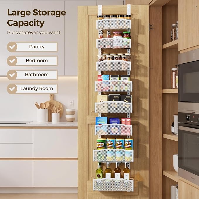 Delamu 8 Tier Over the Door Pantry Organizer, 2in1 Hanging or Wall Mount Spice Rack Seasoning, Adjustable Heavy-Duty Narrow Pantry Door Organizer and Storage for Kitchen Cabinet and Bathroom,12" White - Image 8