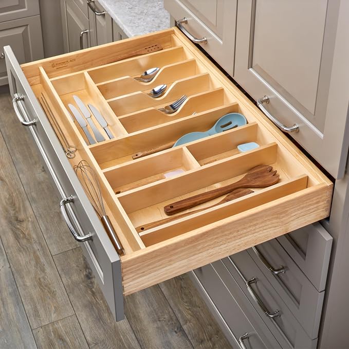 Rev-A-Shelf Trim-to-Custom-Fit Silverware Drawer Organizer For Kitchen Utensils, Cutlery Cabinet Storage Divider Insert, 33.11" x 21.97", Maple Wood, 4WUTCT-36SH-1 - Image 2