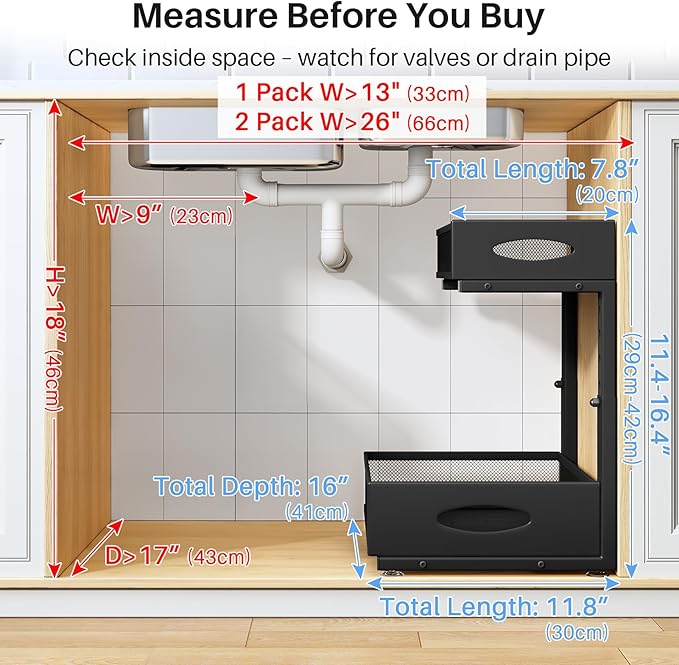 Under Sink Organizer, 2 Pack 2 Tier Pull Out Under Cabinet Organizer Shelf with Pad for Framed Cabinets, Metal Slide Out Under Sink Storage, Mesh Sliding Drawers for Kitchen Bathroom Laundry, Black - Image 2