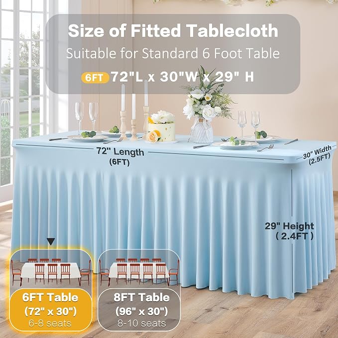 2Pack Baby Blue Spandex Table Clothes for 6 Foot Rectangle Tables, Fitted Table Cover 6ft Stretch Tablecloths Desk Skirt for Parties Weddings Birthday Banquet Baby Shower - Image 5