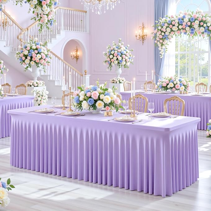 6ft Lavender Spandex Table Cloths for Rectangle Tables Wrinkle Free Light Purple Tablecloth Rectangle Stretch Fitted Lilac Table Cover with Skirt for Birthday Party Wedding Banquet Baby Shower Buffet - Image 5