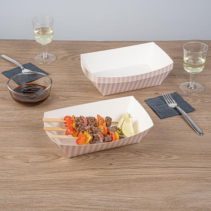 Restaurantware-Bio Tek 2 Pound Food Trays, 50 Disposable Paper Food Trays - Heavy-Duty, Greaseproof, Pink and White Paper Boats, for Snacks, Appetizers, Or Treats, Use At Parties Or Carnivals - Image 8