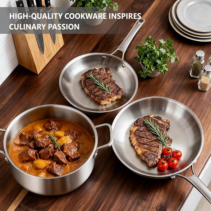 VINGLI 10 Pcs Cookware Set, Stainless Steel Pots and Pans Set with Lids, Non-Toxic Saute Sauce Pot, Soup Pot, Frying Pan, PFOA & PTFE Free, Compatible for All Cooktops(10 Cookware Set) - Image 3