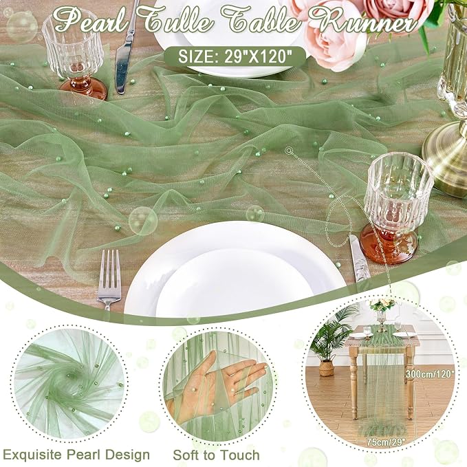 Pearl Table Runner Tulle Lace 10 ft Tulle Table Runners Pearl Sheer Table - Image 4