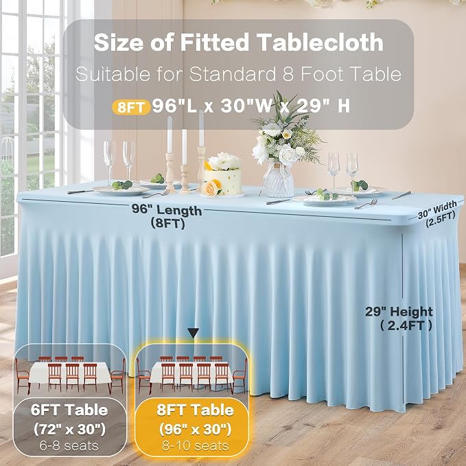 3 Packs Baby Blue Spandex Tablecloths for 8 Foot Rectangle Tables, Stretchy Fitted 8FT Blue Table Skirt for Wedding Party, Wrinkle Free Tablecloths for Banquet Wedding Birthday Party - Image 6