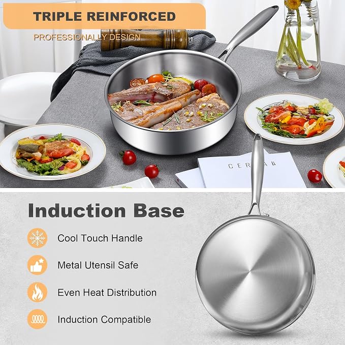 EWFEN Tri-Ply Stainless Steel Frying Pan 3QT, 10 Inch Deep Frying Pan with lids, Skillet, Induction Cooking Pan, Dishwasher and Oven Safe, Fast & Even Heat, Heavy Duty and Detachable Handle - Image 4