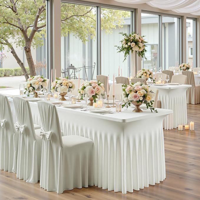 NSSONBEN 4 pk Ivory Spandex Tablecloths for 8 Foot Rectangle Tables,Wrinkle Free Stretchy Cream Table Clothes Fitted Table Cover 8 ft Desk Skirt for Parties Weddings Birthday Banquet Baby Shower - Image 9