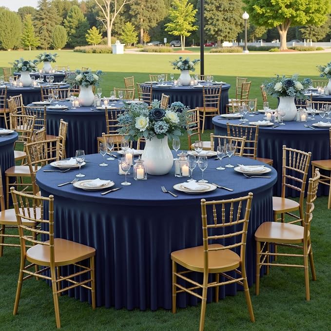 6 Pack Navy Blue Round Spandex Tablecloths for 60 inch Table, Wrinkle Free Stretchy 120inch Fitted 5FT Round Table Cloths Cover with Skirt for Wedding Birthday Party Dining Banquet Events - Image 8