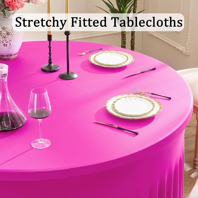 6 Pack Hot Pink Spandex Round Tablecloths for 60 inch Table, Stretchy 120inch Fitted 5FT Fuchsia Round Table Cloths, Wrinkle Free Table Cover with Skirt for Wedding Party Dining Banquet - Image 2