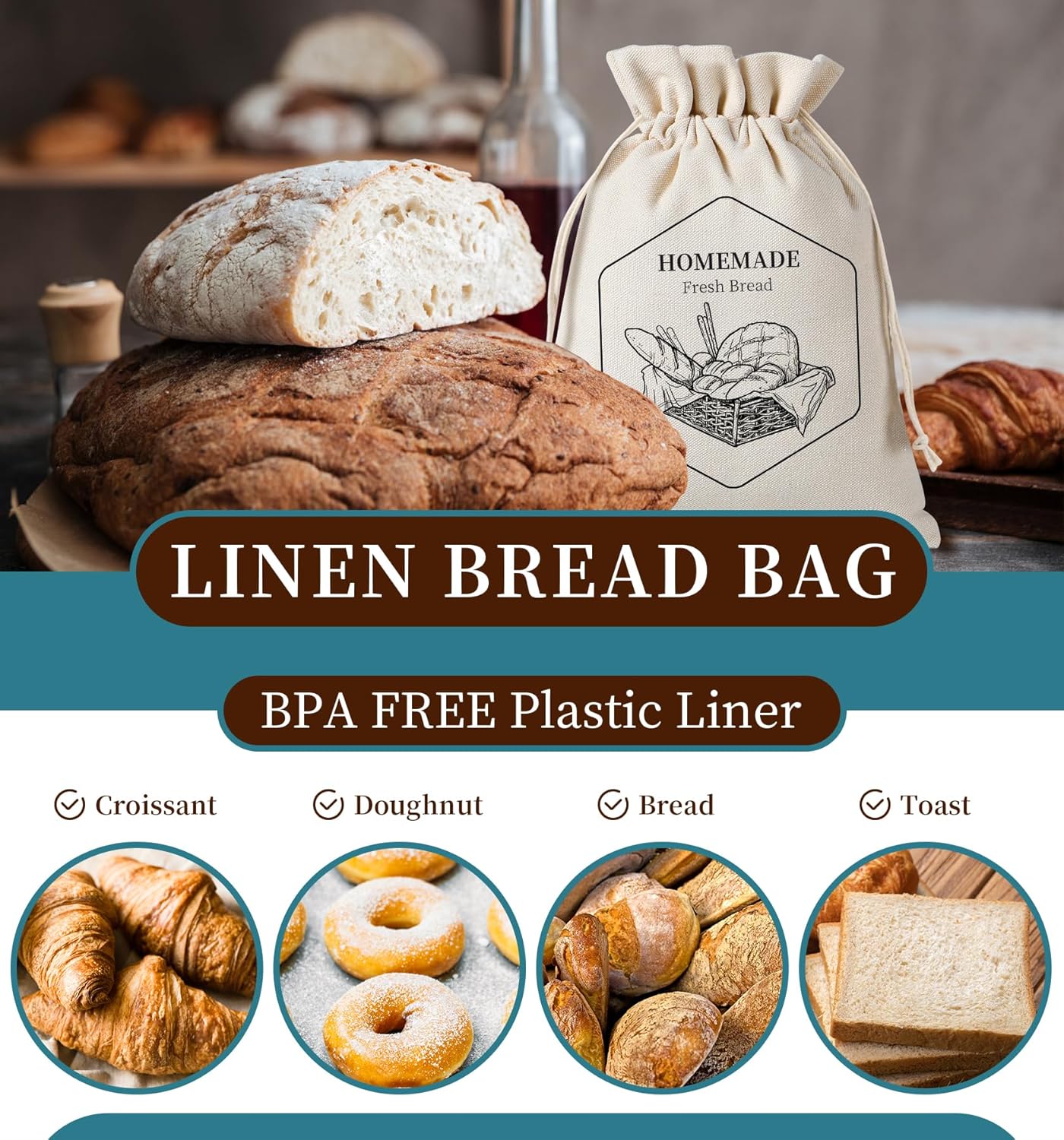 2 Pack of Bread Bags for Homemade Bread，Reusable Linen Sourdough Storage Bags with Plastic Liner,Cotton (17.7" x12")