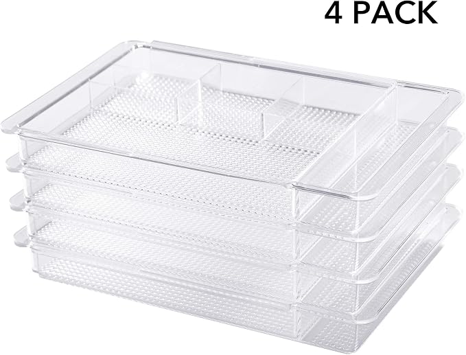 Oubonun Expandable Shallow Vanity Plastic Makeup Drawer Organizers, 4 Pack | Low Profile 1.3 Inch Height Clear Storage Tray - Scalable Width Customization Fits Cosmetic Lipsticks Brushes, Dressing Table - Image 7