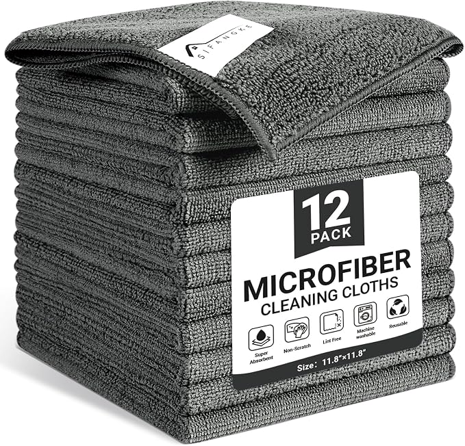 SIFANGKE Microfiber Cleaning Cloth, 12 Pack Grey Cleaning Rags for Housekeeping, Reusable Microfiber Towels for Car, Kitchen, Bathroom and Household Cleaning Supplies, 11.8"X11.8" by Unknown
