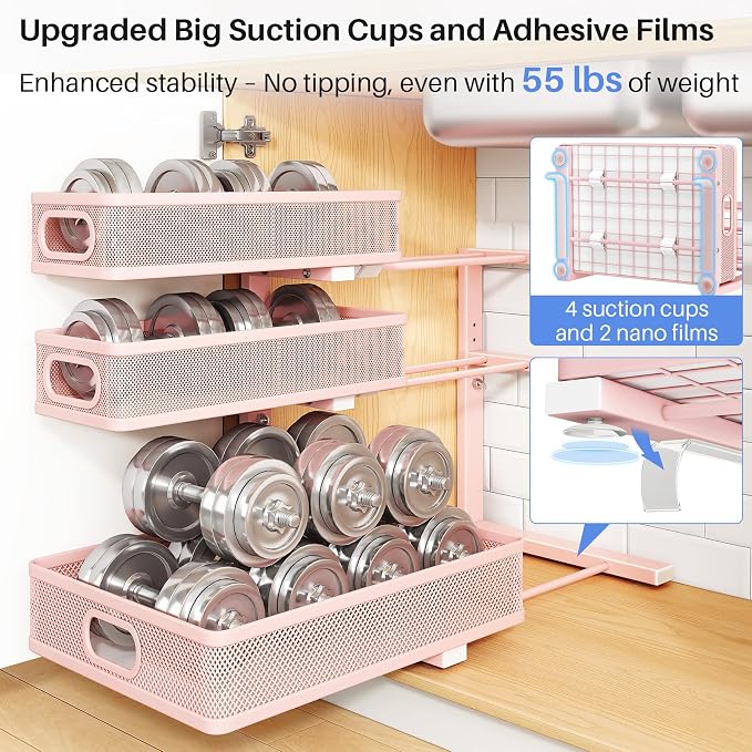 Under Sink Organizer, 3-Tier Thickened Metal Pull out Cabinet Organizer Shelf, Height Adjustable Slide out Storage Drawer Rack for Kitchen Bathroom Pantry Laundry Home Organization, 1-Pack, Pink - Image 7