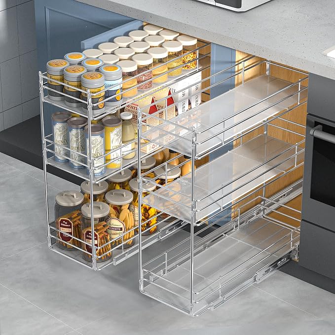 ROOMTEC Pull Out Spice Rack for Narrow Cabinet (8" W X 20½" D),3 Tier Heavy Duty Sliding Spice Cabinet Organization Shelf Racks, Pull Out Shelves Under Cabinet Storage for Kitchen - Image 5