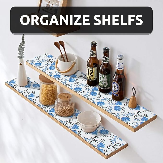 FIFTY FEET 18X96 Inch Shelf Liner for Kitchen Cabinets, PVC Drawer Liner for Dresser Non-Slip Bathroom, Non-Adhesive Cabinet Liner Washable (Blue Floral)(4 Roll) - Image 2