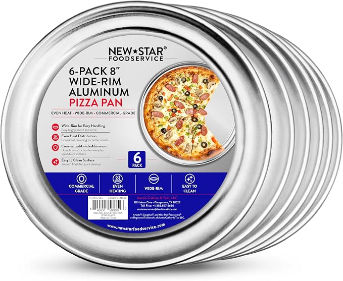 New Star Foodservice Restaurant-Grade Aluminum Pizza Pan/Tray, Wide Rim, 8 Inch, Pack of 6 - Image 2