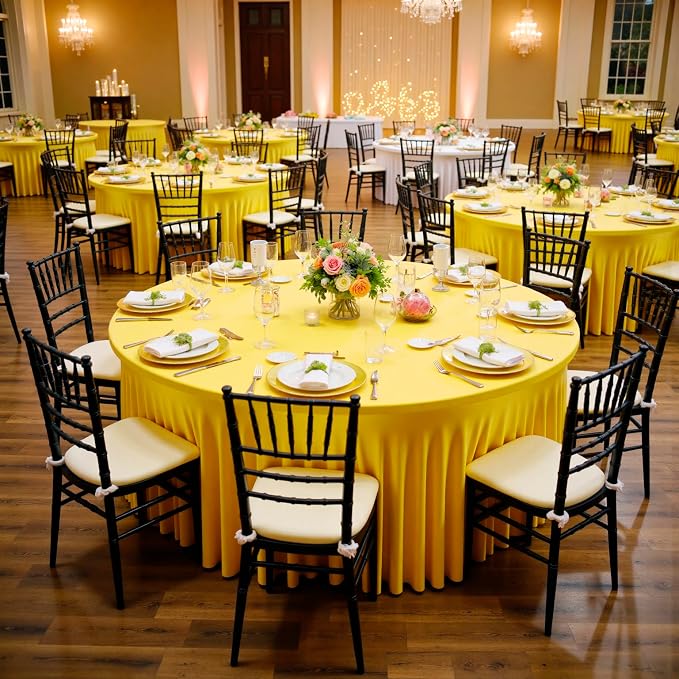 leegleri 6 Pack 60Inch Yellow Spandex Round Tablecloths, Stretchy 120inch Fitted 5FT Round Table Cloths, Wrinkle Free Table Cover with Skirt for Wedding Party Dining Banquet - Image 3