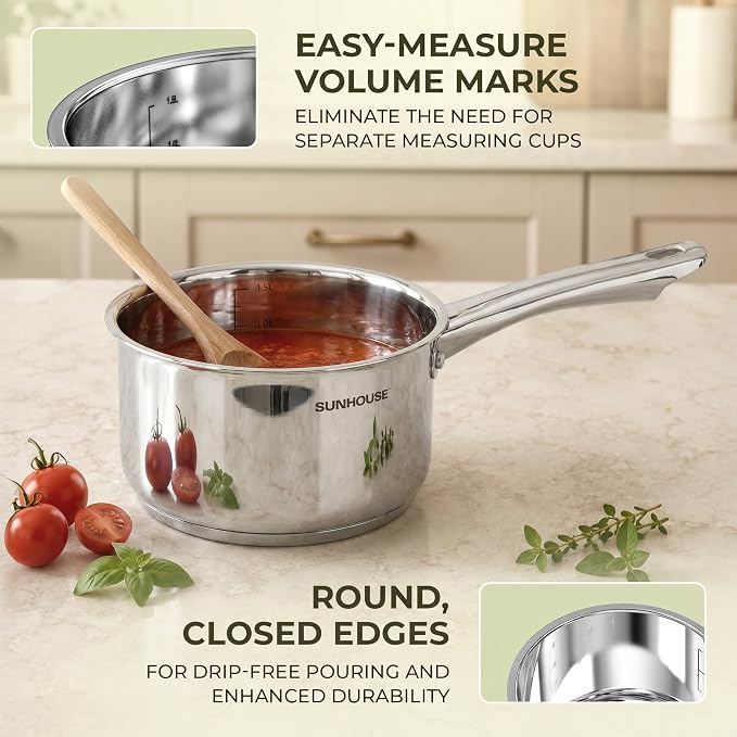Sunhouse: Stainless Steel Saucepan - Classic: 2 Quart - Tempered Glass Lid, 3-Ply Bottom, Round-Edge Cookware Pot, All Cooktop-Oven-Dishwasher Safe - Image 7