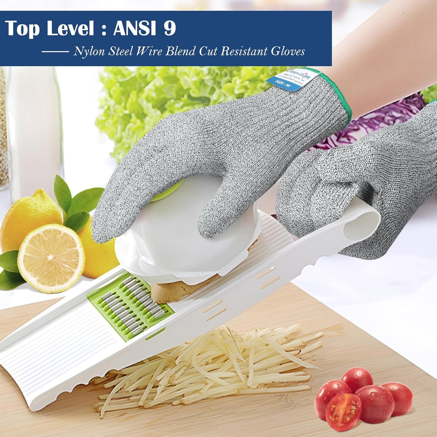 Dowellife Soft Level 9 Cut Resistant Gloves Food Grade, Steel Wire Mixed Kitchen Safety Gloves for Chef Oyster Shucking Mandoline Knife Butcher Meat Cutting Carving (Large)
