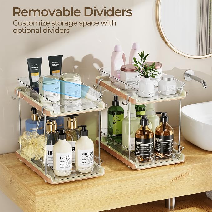 Delamu 2 Tier Under Sink Organizer Bathroom, Bathroom Cabinet Organizer with Snap-Lock Design and Hooks, Pull Out Storage with Movable Dividers, for Countertop, Kitchen and Pantry (White, 4 Pack) - Image 4