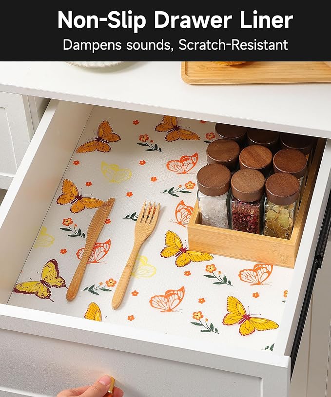 Cooyes Reusable Non-Adhesive Drawer and Shelf Liner for Kitchen Cabinets-Waterproof Shelf Paper, Easy to Cut and Install - Suitable for Dresser, Pantry, Cupboard(Colorful Butterfly, 17.5" W x 197" L) - Image 3